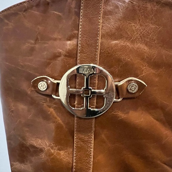NWB Iman Women Brown Leather Upper Signature Logo Riding Boots Zip High Size 8M - Picture 5 of 7